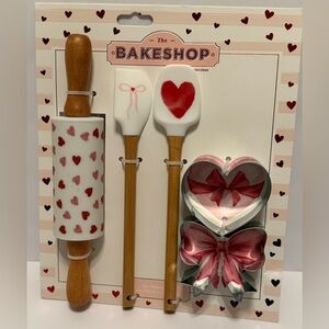 The Bakeshop Heart-Themed Baking Set of 5 Mini Rolling Pin Spatulas Cookie Cuts